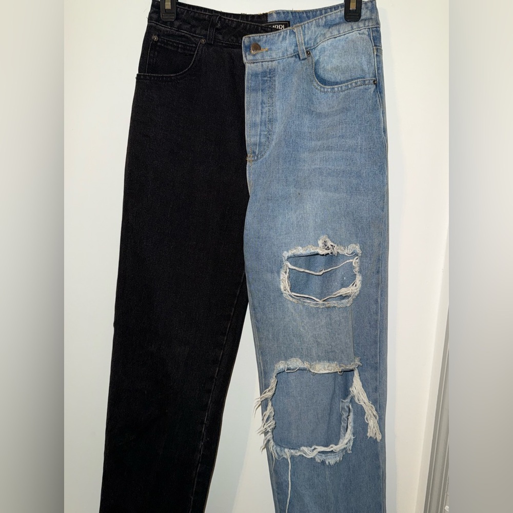 Two-Tone Black and Blue Distressed Jeans
